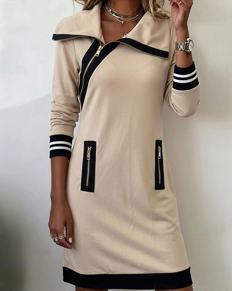 Slanted Zipper Lapel Straight Dress