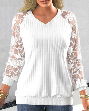 Lace V neck Long Sleeve solid color Sweatshirt