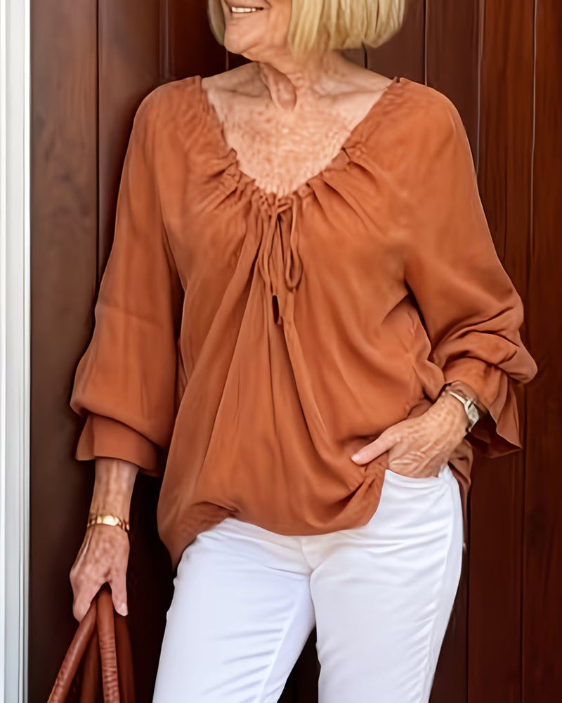 V-Neck Shirred Tie Casual Blouse