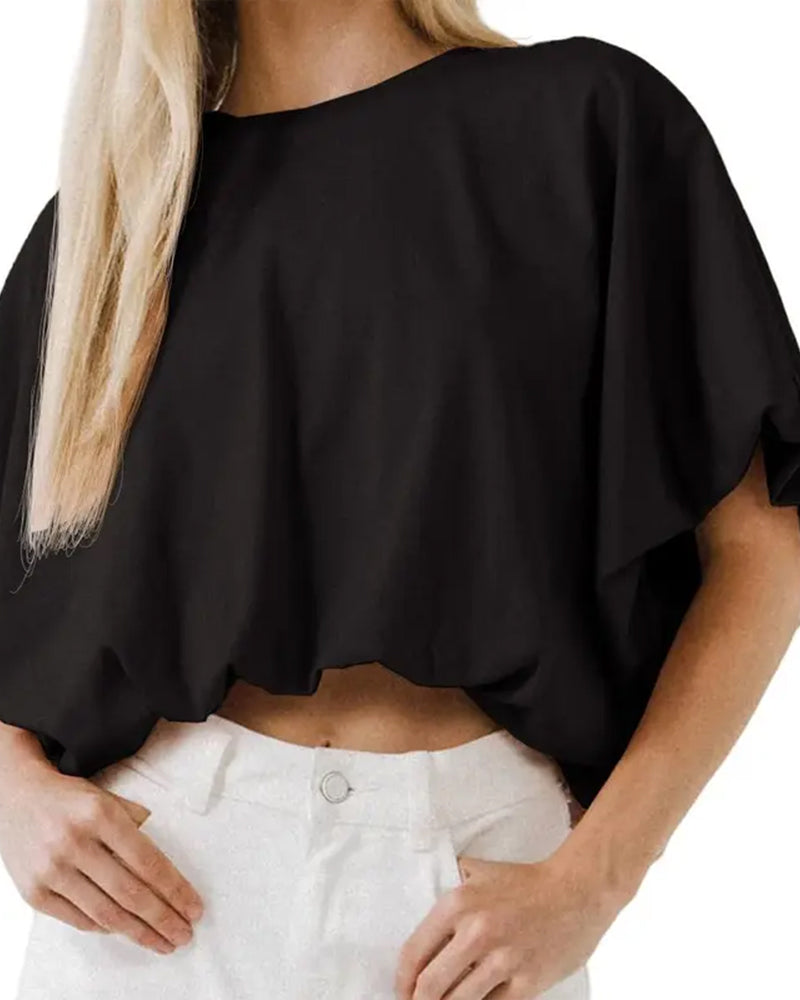 Solid Color Puff Sleeve Cropped Top