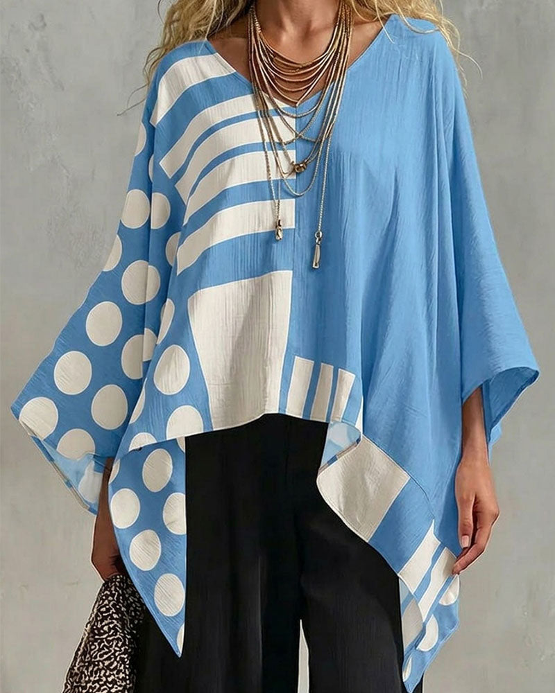 Polka Dot Stripe Patchwork V Neck Blouse