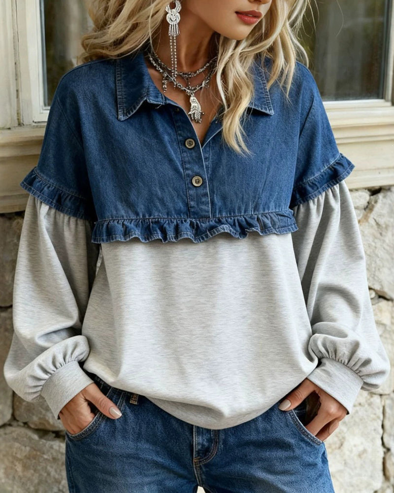 Shirt Collar Ruffled Patchwork Top