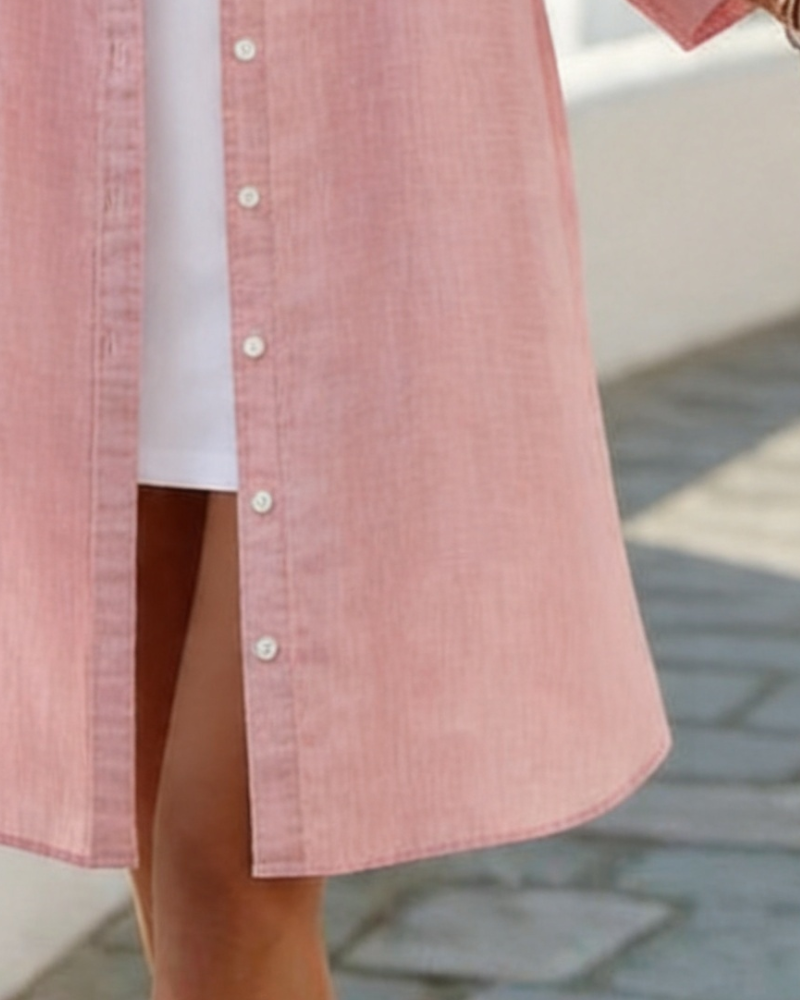 Lapel Button Long Shirt Dress