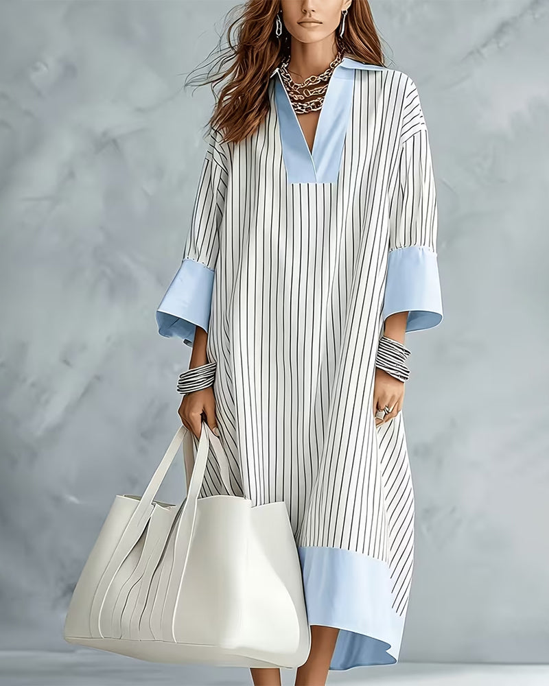Color Block Striped Shirt Long Dress