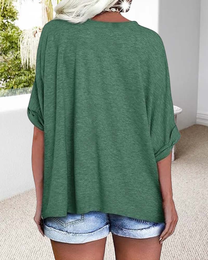 V-Neck Rolled-Hem Short-Sleeved Loose T-Shirt