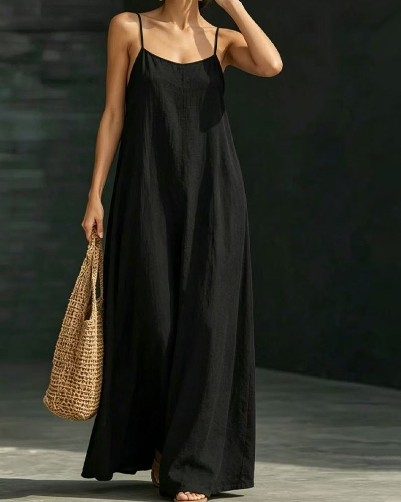 Solid Color Spaghetti Straps Pocket Long Dress