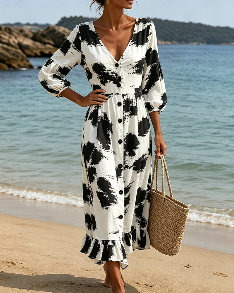 V-Neck Button Color-Block Dress