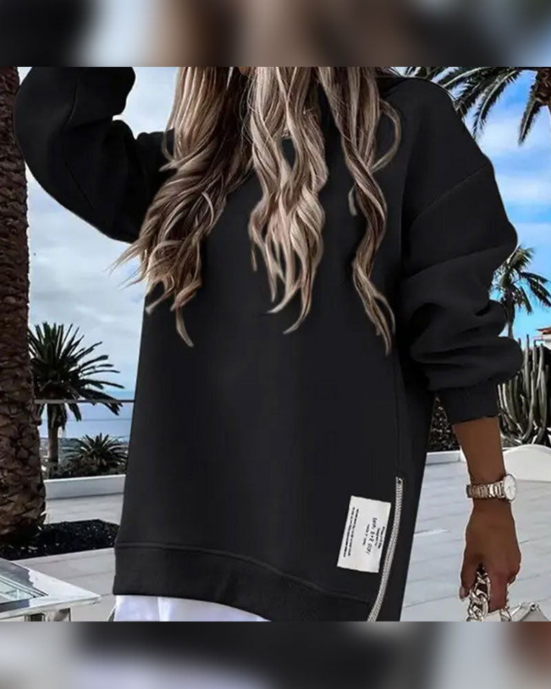 Long Sleeve Pullover Zipper Slit Casual Sweatshirt Dress