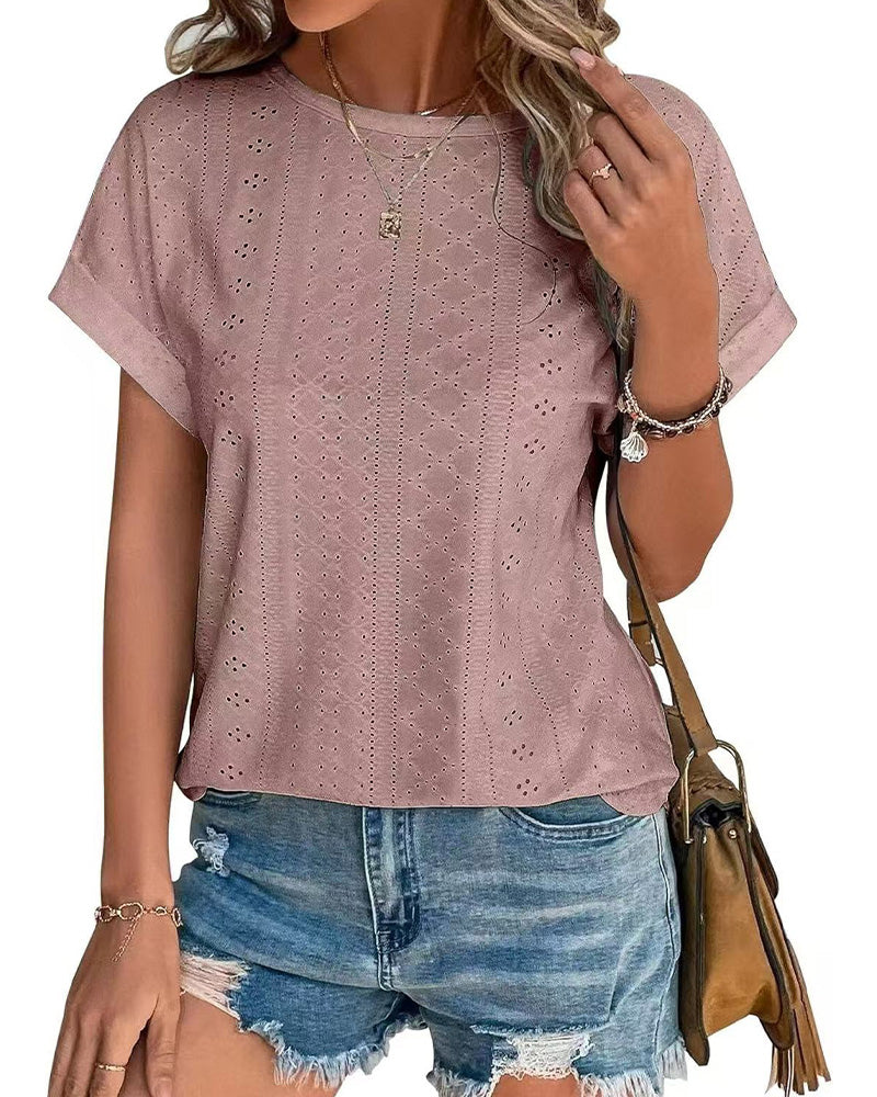 Solid Color Crew Neck Loose Short-Sleeve Blouses