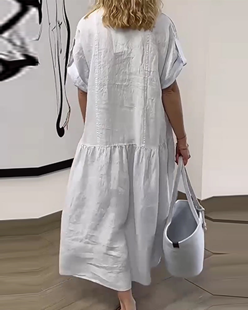 V-Neck Button Pleated Full Skirt Dress