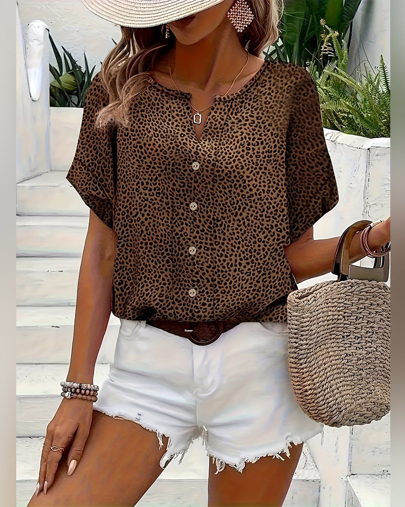 Leopard Print Short Sleeve V-Neck Button Shirt