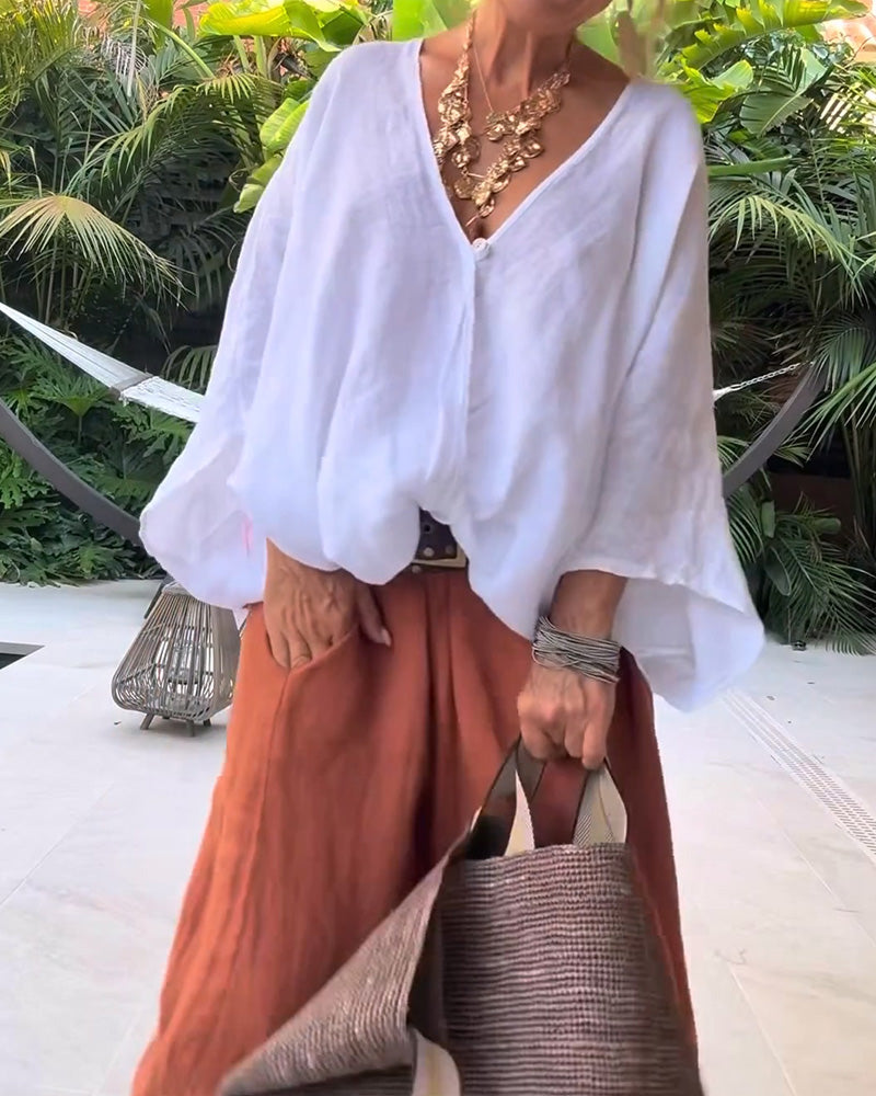 V-Neck Asymmetric Solid Relaxed Blouse