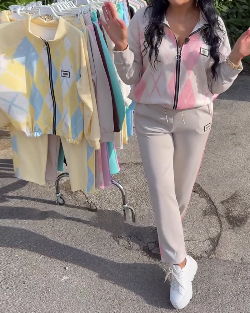 Plaid Zip-Up Top And Trousers Two-Piece Set