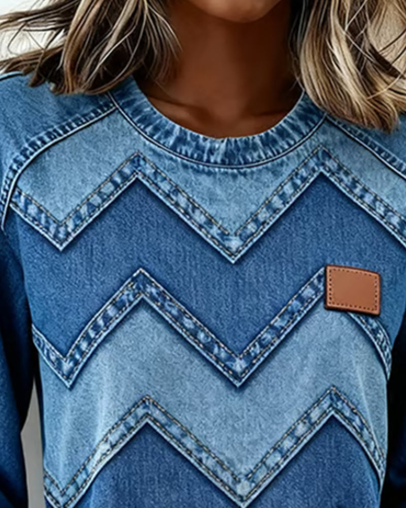 Denim Print Casual Long-Sleeve Sweatshirt