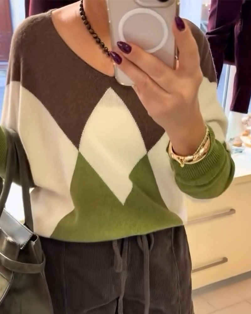 Plaid Contrasting Long-Sleeved Pullover