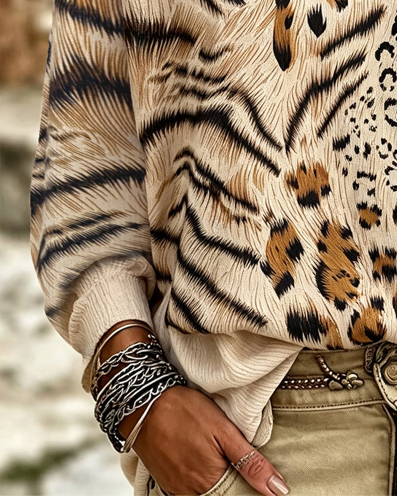 Crew Neck Leopard Long Sleeve Blouse