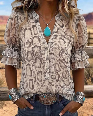 Snakeskin Pattern V-Neck Puff Sleeve Blouse