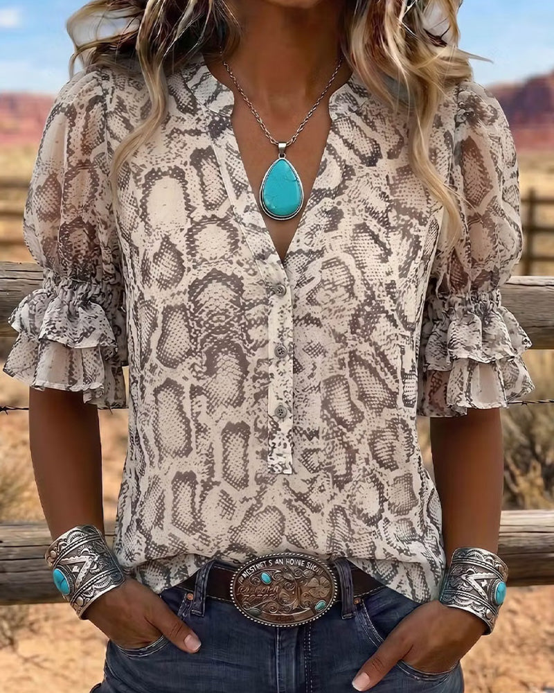 Snakeskin Pattern V-Neck Puff Sleeve Blouse