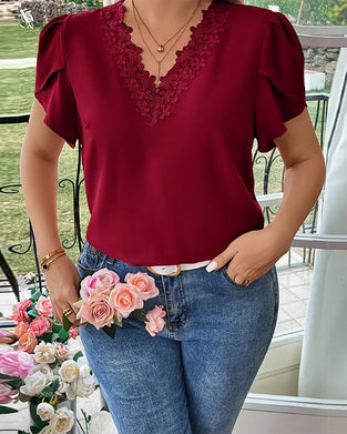 V-Neck Solid Color Puff Sleeve Blouse