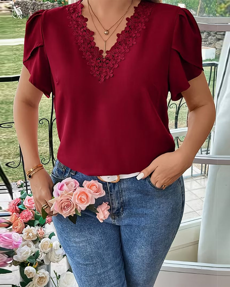 V-Neck Solid Color Puff Sleeve Blouse