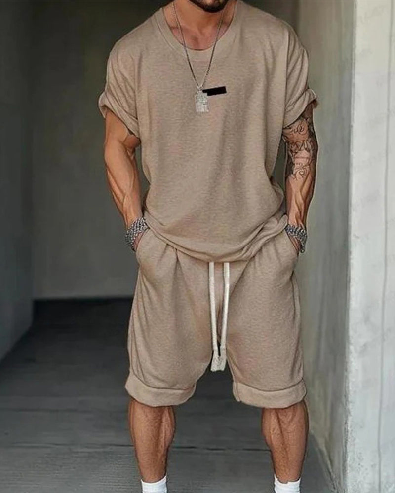 Casual Short Sleeve Drawstring Shorts Two-Piece Set