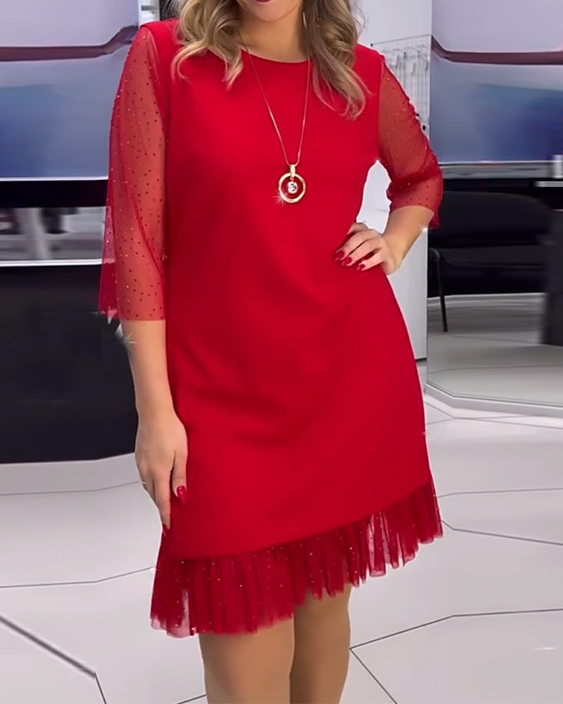 Solid color mesh stitching sequin dress