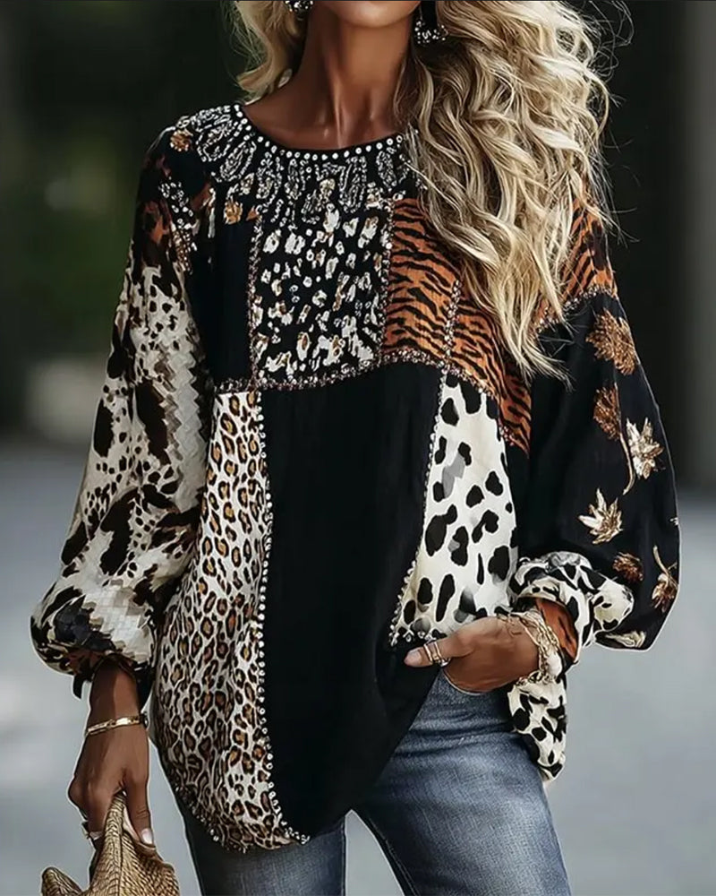 Crew Neck Leopard Tiger Print Contrast Blouse