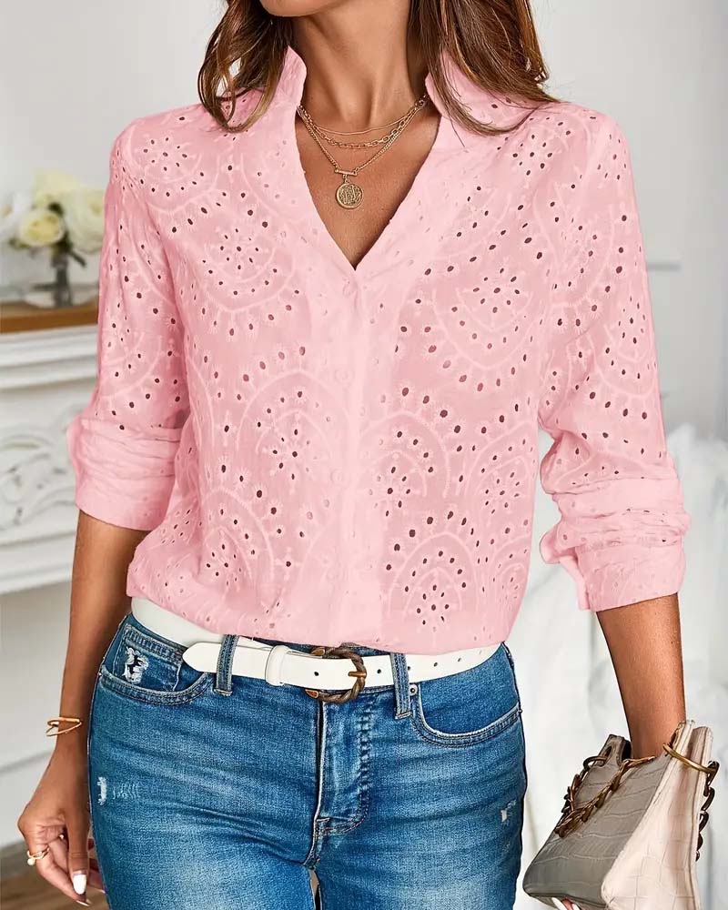 V-neck hollow solid color elegant top
