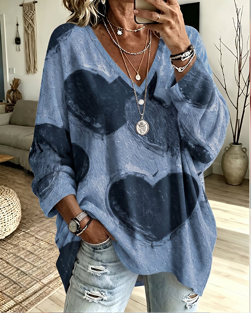 Heart Print V-Neck Loose Top