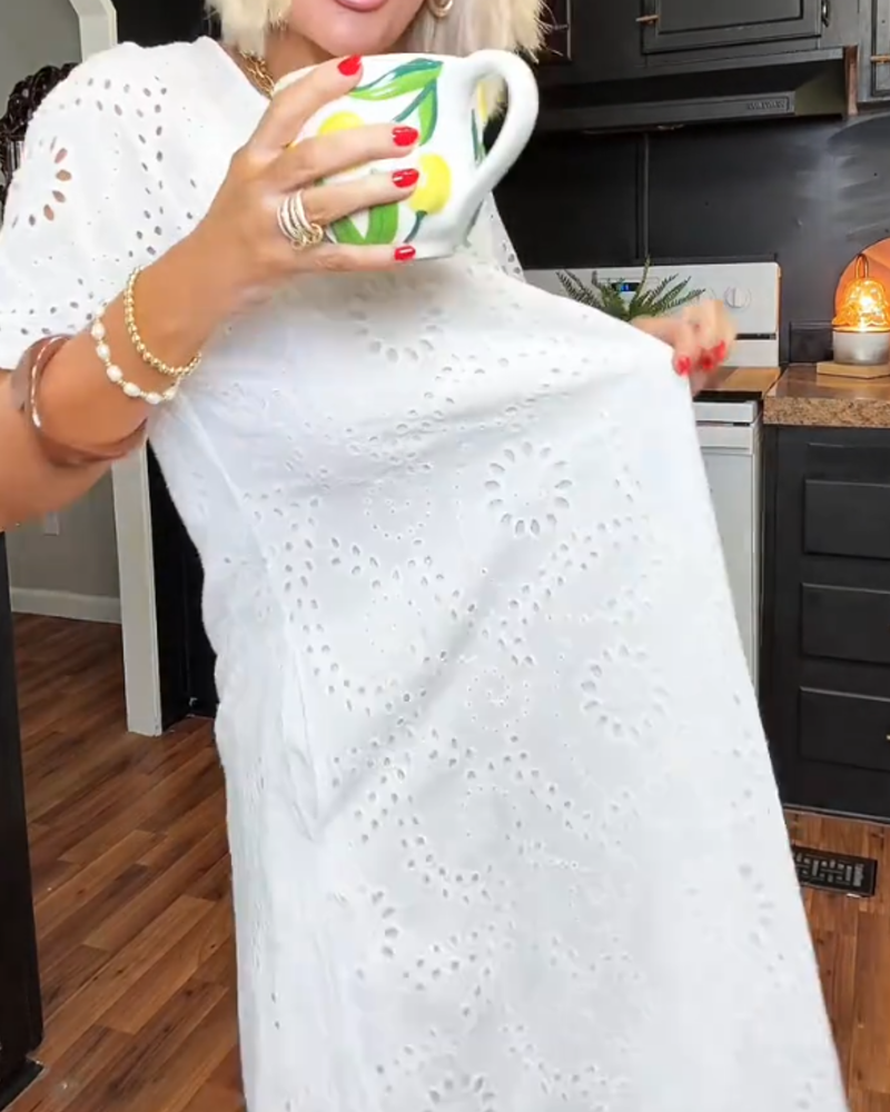 V-Neck Openwork Ruffle Dress