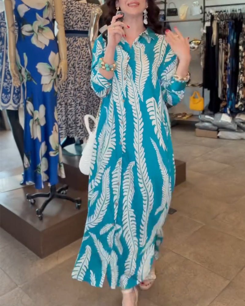 Collared Leaf Print Shirt Dress