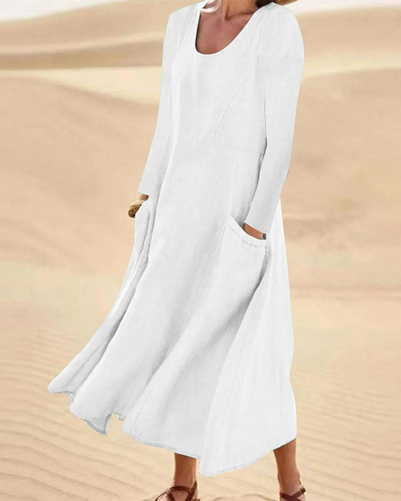 Solid Long Sleeve Crew Neck Dress