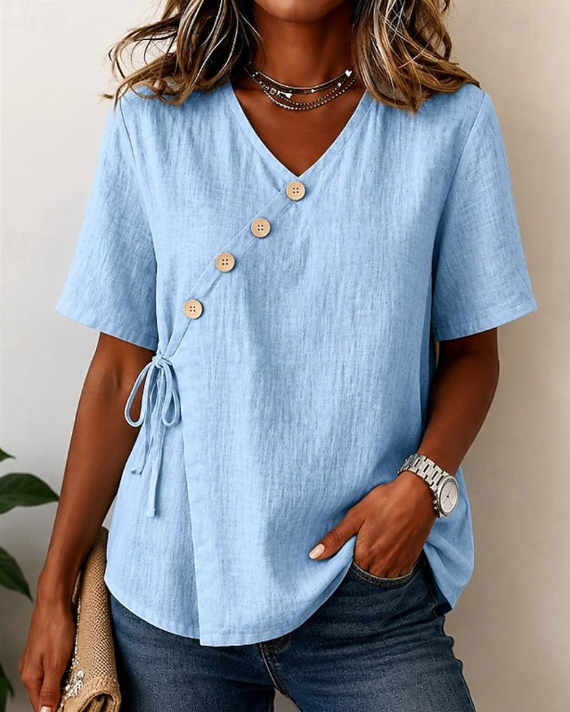 V-Neck Button Cross Tie Blouse