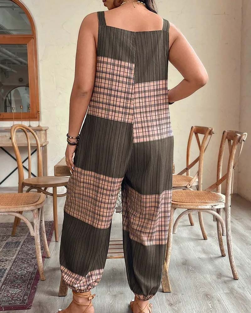 Plaid Color-Block Overall Jumpsuit