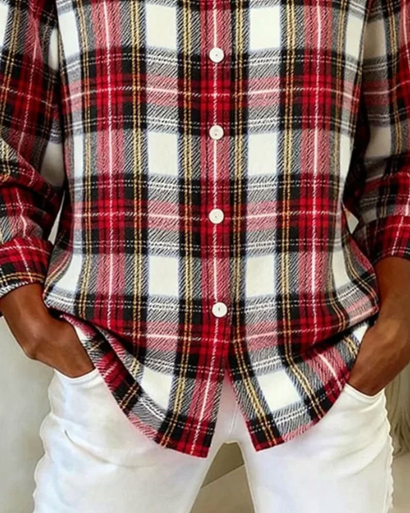 Lapel Button Plaid Long Sleeve Shirt