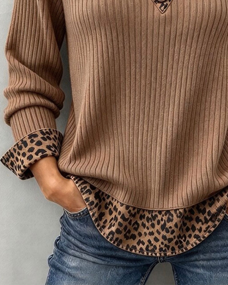 Leopard Print Patchwork Fake Two-Piece Ribbed Top