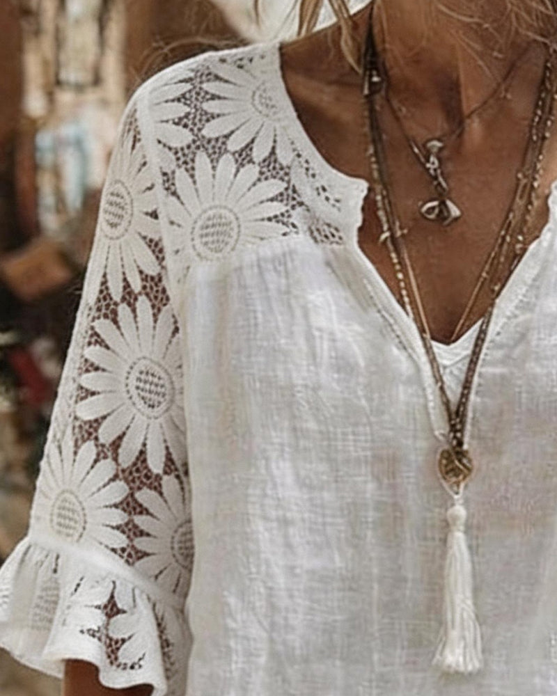 V-Neck Daisy Patchwork Blouse