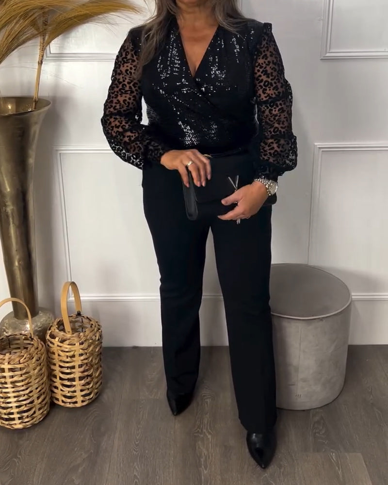 V-Neck Leopard Print Mesh Sequined Patchwork Top