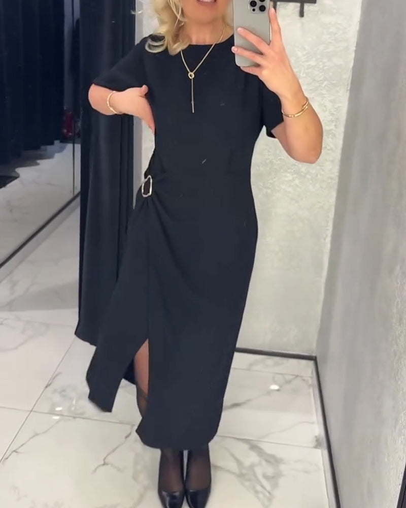 Metal Button Round Neck Slit Dress