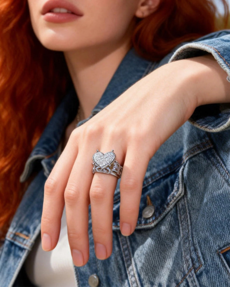 Pave Heart Shaped Ring Set for Women