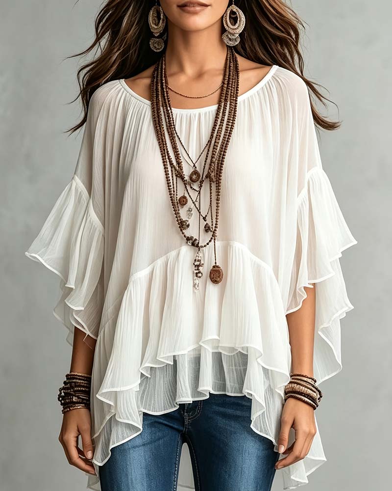 Crewneck Double Layer Ruffle Irregular Sleeve Blouse