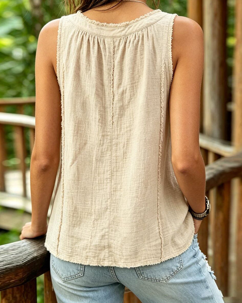 Textured Sleeveless Raw-Edge Tank Top
