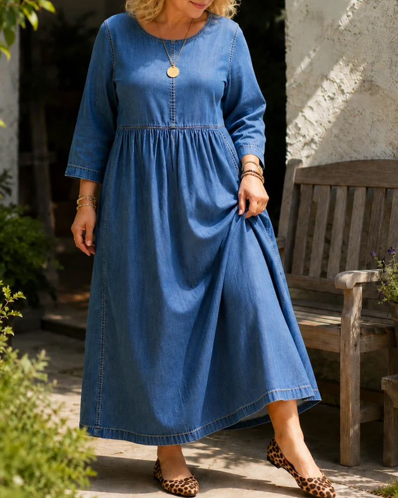 Round Neck Pleated Long Sleeve Denim Dress