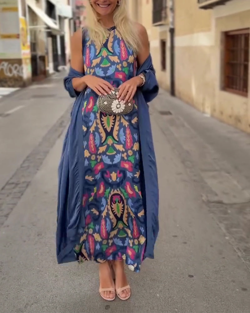 Sleeveless Long Dress With Long Cardigan Set