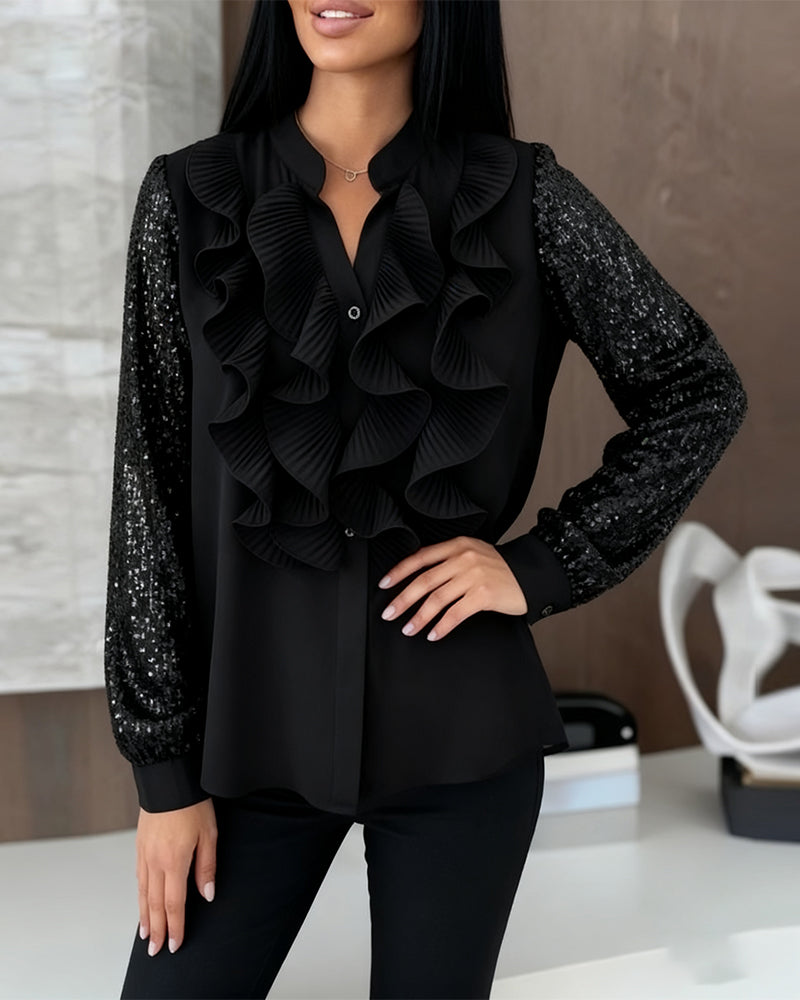 Ruffled Sequin Patchwork Stylish Blouse