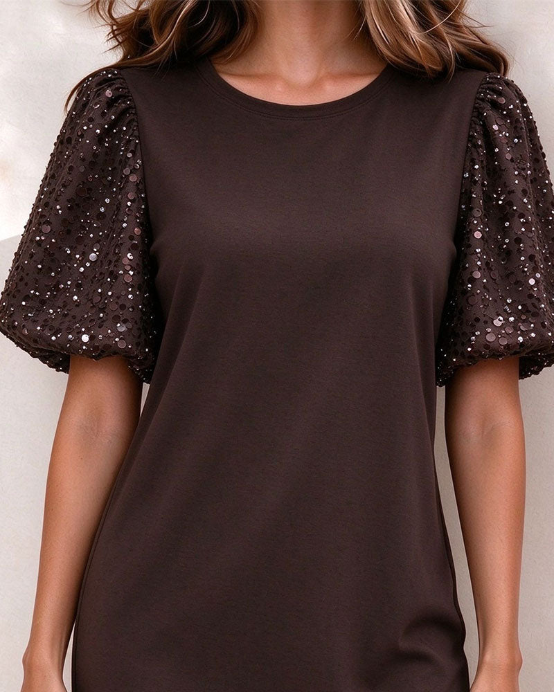 Puff Sequined Sleeve A-Line Dress