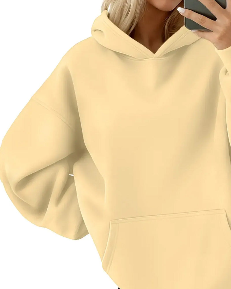 Hooded Pocket Solid Loose Hoodie