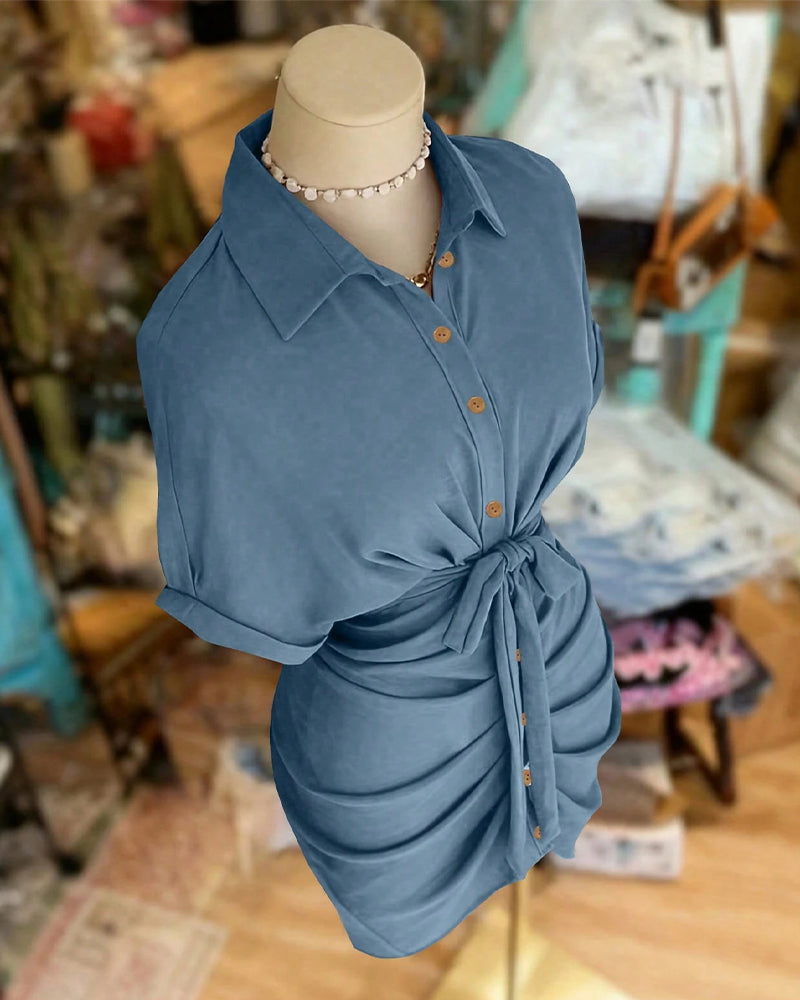 Tie Button Pleated Shirt Collar Dress