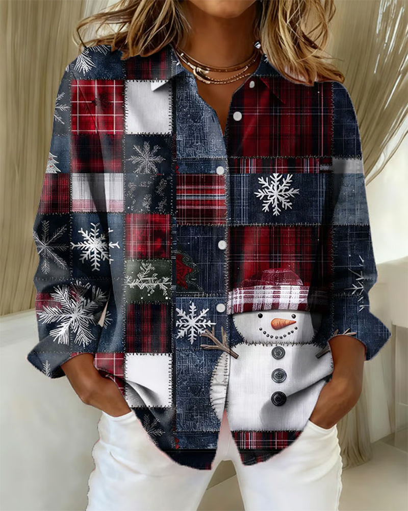 Plaid Snowflake And Snowman Print Shirt