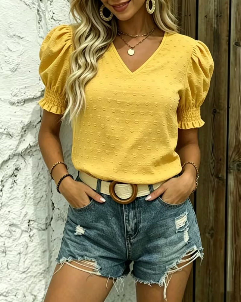 Bubble Sleeve V-Neck Jacquard Blouse